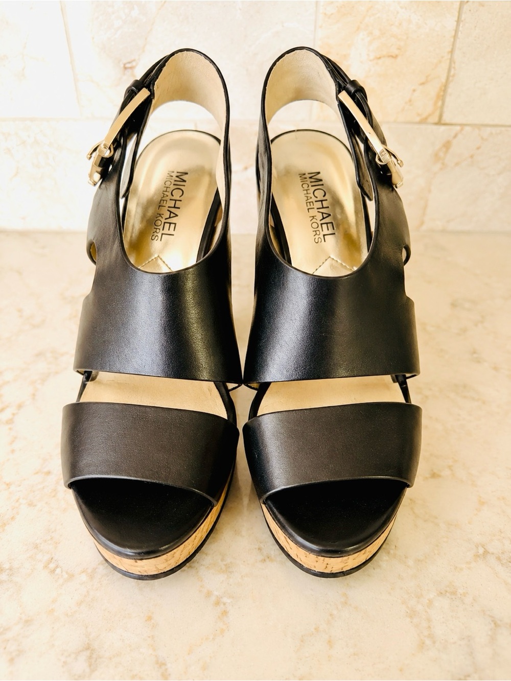 Michael Kors Black Leather Platform Cork Wedge Sandals